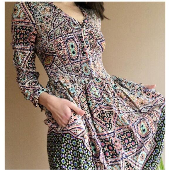 Maeve Anthropologie Smocked V-Neck Floral Tiled Long Sleeve Boho Dress Size XS - Picture 2 of 9